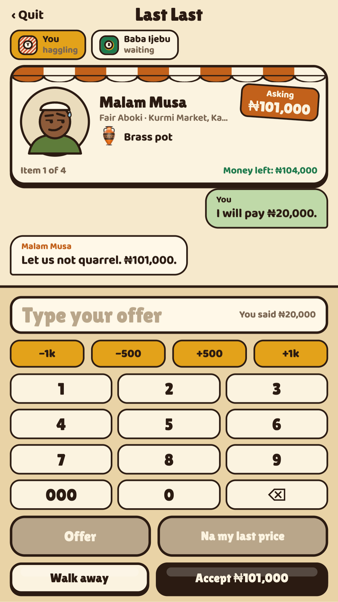 Haggling with a seller in Last Last, the Naija market bargaining game